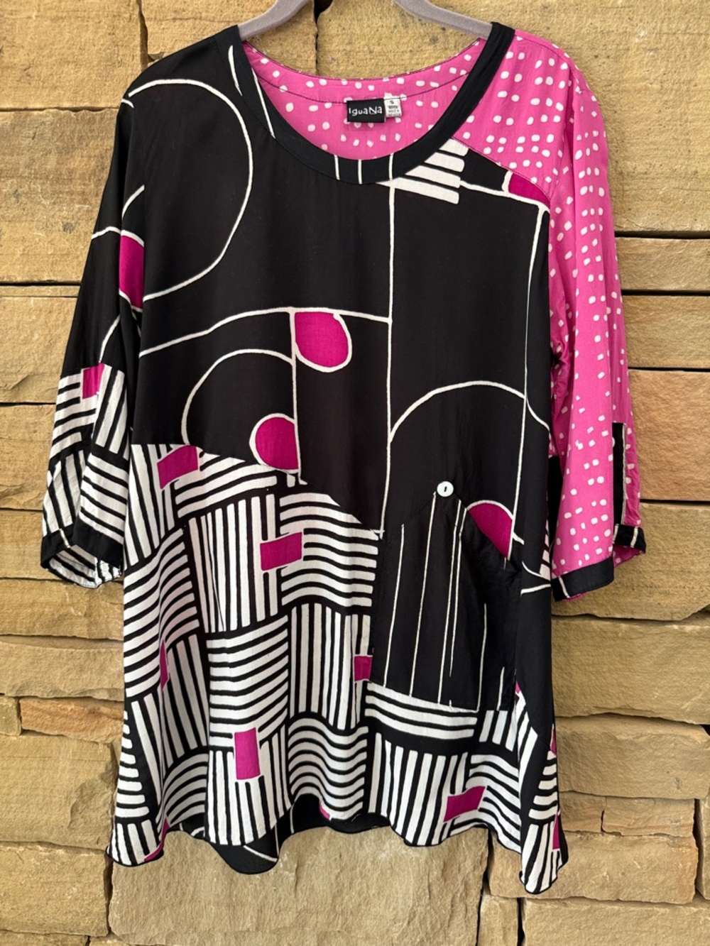 Iguana Colorblock Black & Pink Geometric Tunic, Breezy, 3/4 sleeves